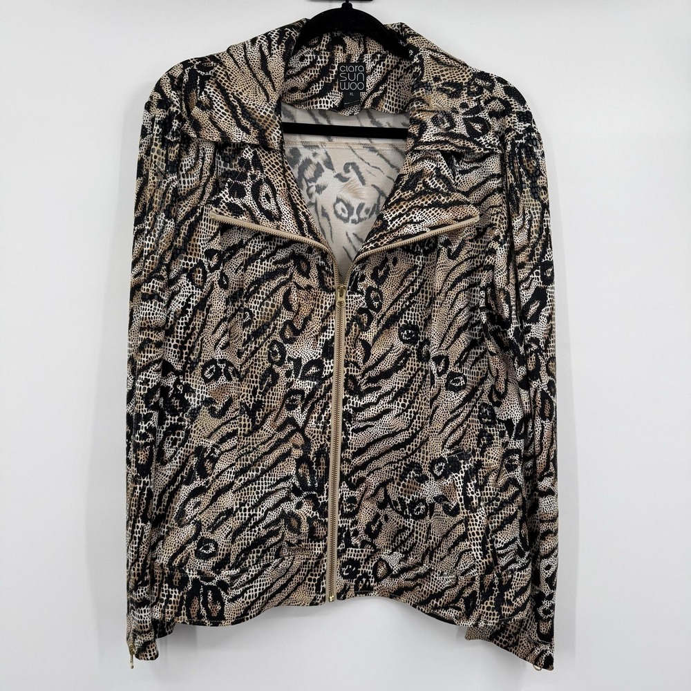 Clara Sunwoo Jacket Womens XL Beige Animal Print Lined Full Zip Pockets